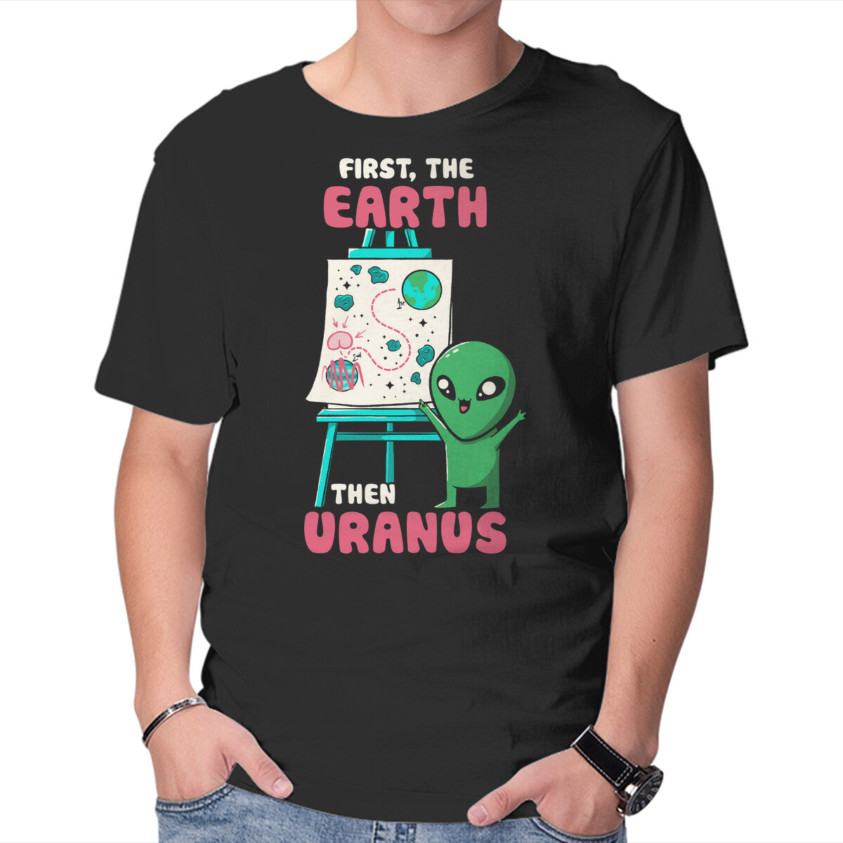 Unisex Crew Neck T-Shirt First The Earth Then Uranus Graphic Short Sleeve Casual Tee L