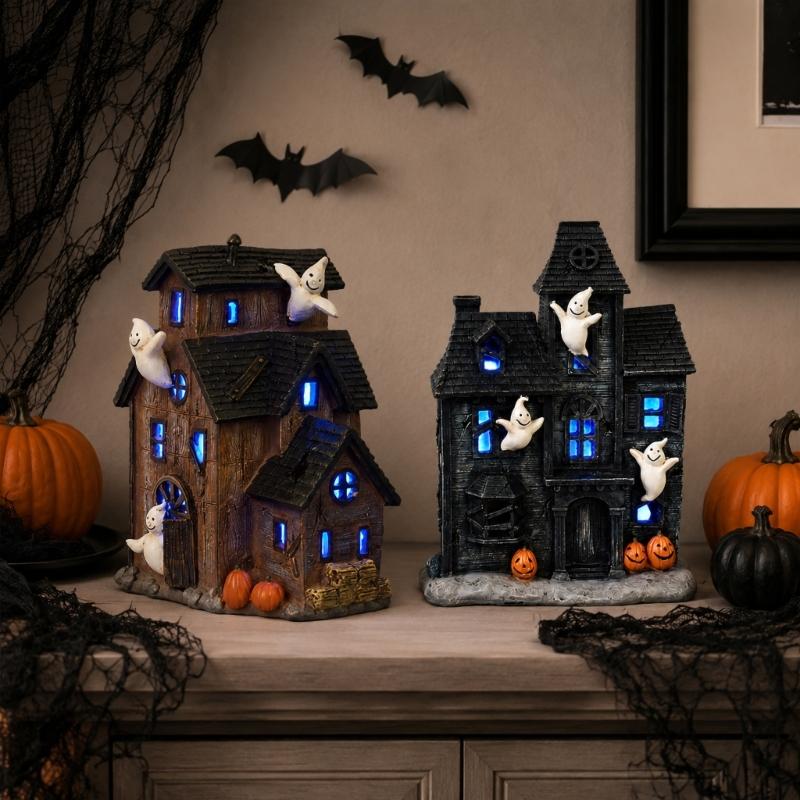 Halloween Light-Up House Ornament, Resin Building with White Figures and Gourd Motifs for Seasonal Display Scenes