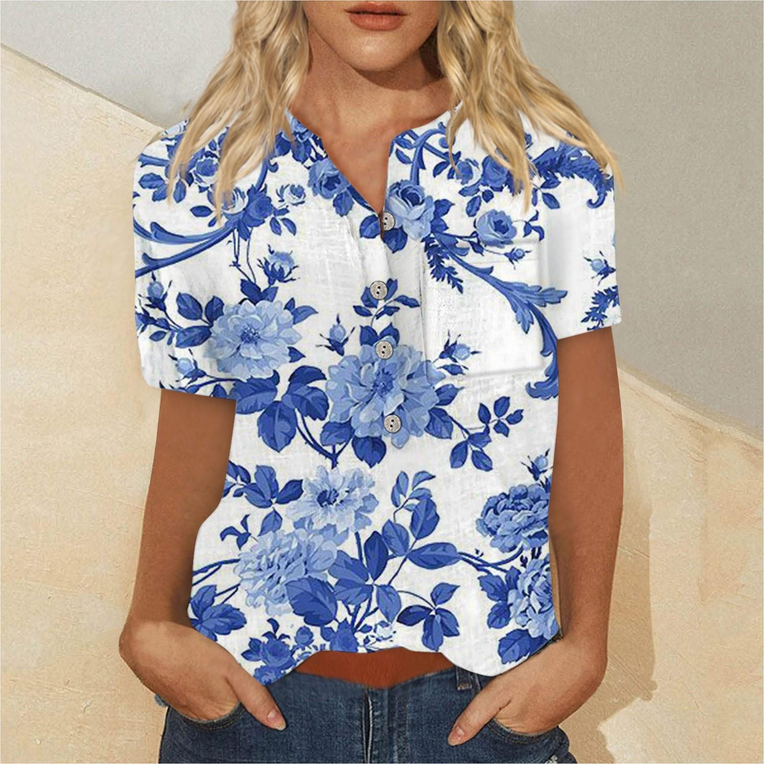 Женская модная рубашка с коротким рукавом с принтом на пуговицах на груди и кармане XXXXL — фото 6