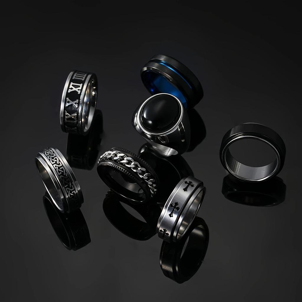 Stainless Steel Casting Natural Stone Ring Seven-piece Set Rotatable Black Oil Ring Men's Jewelry Set