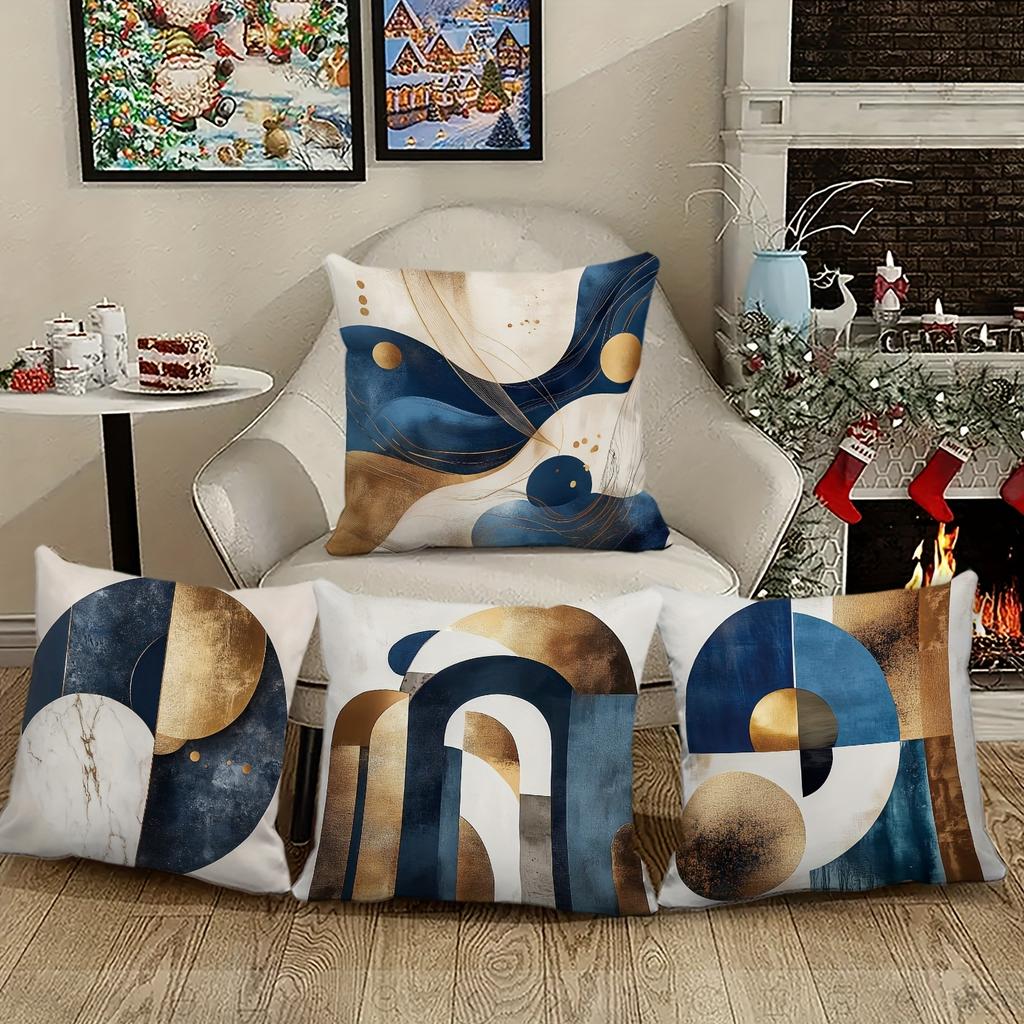 4pcs Linen Pillow Covers 45x45cm Abstract Art Cushion Cases Blue Gold Marble Geometric for Sofa Bed Decor Zipper Closure