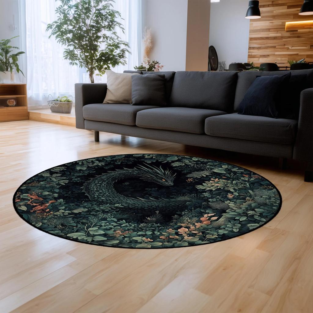 1pc Fantasy Forest Dragon Pattern Round Rug, Non-slip Floor Mat for Living Room, Bedroom, Bathroom, Holiday Home Decoration