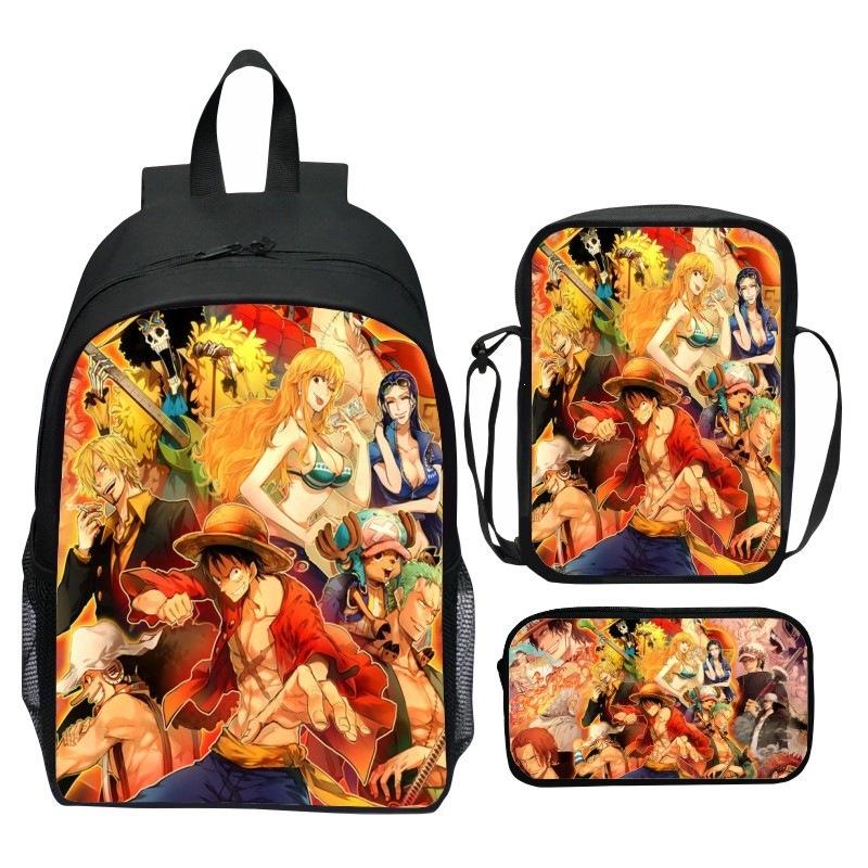 Set Zaino 3 Pezzi Stampato One Piece Cartone Animato Pirata Blu Marinaio Zaino Scuola Elementare Grande Capacità Resistente all'Acqua Zaino per Bambini