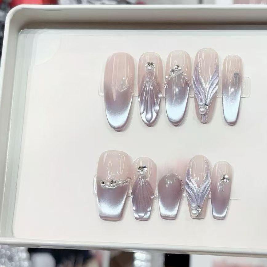 Dreamy Mermaid Tail Light Purple Gradient Cat Eye 3D Pearl Rhinestone Manicure Embellishments