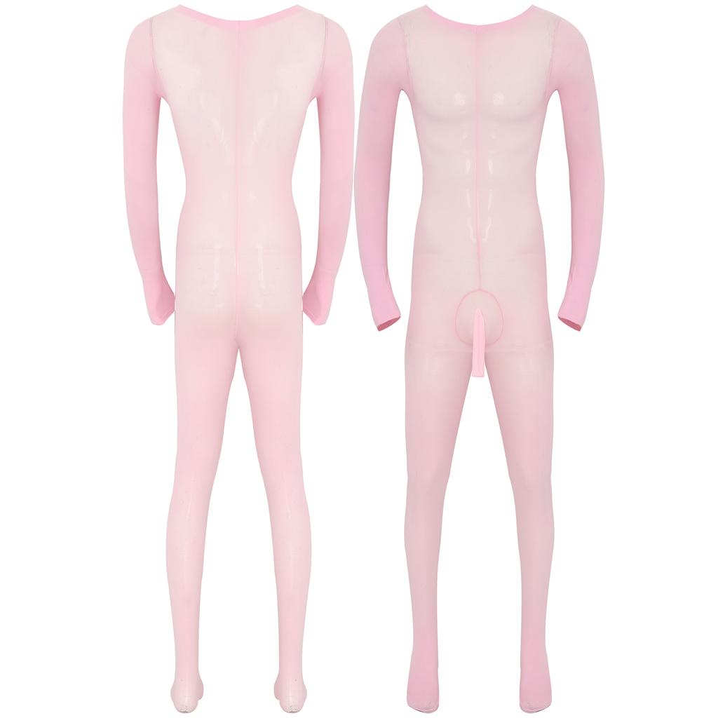 Mens Solid Color Bodystocking Long Sleeve Stretchy Bodysuit with Bulge Pouch Nightwear Underwear