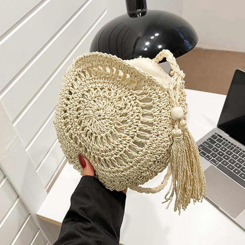 

Модні жіночі сумки через плече з вирізаною формою, повсякденні солом’яні сумки через плече, невелика кругла сумка, гаманець, сумки з китицями, сумки-мессенджери 28*7*25cm бежевий