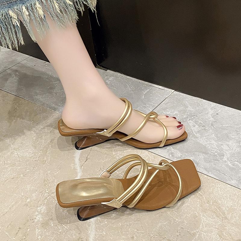 

Женские тапочки Босоножки на каблуке Квадратный носок Туфли на высоком каблуке Женские 2025 Тренд Летние Элегантные Платье Дизайнерские Неглубокие Туфли Mujer 40 золотой