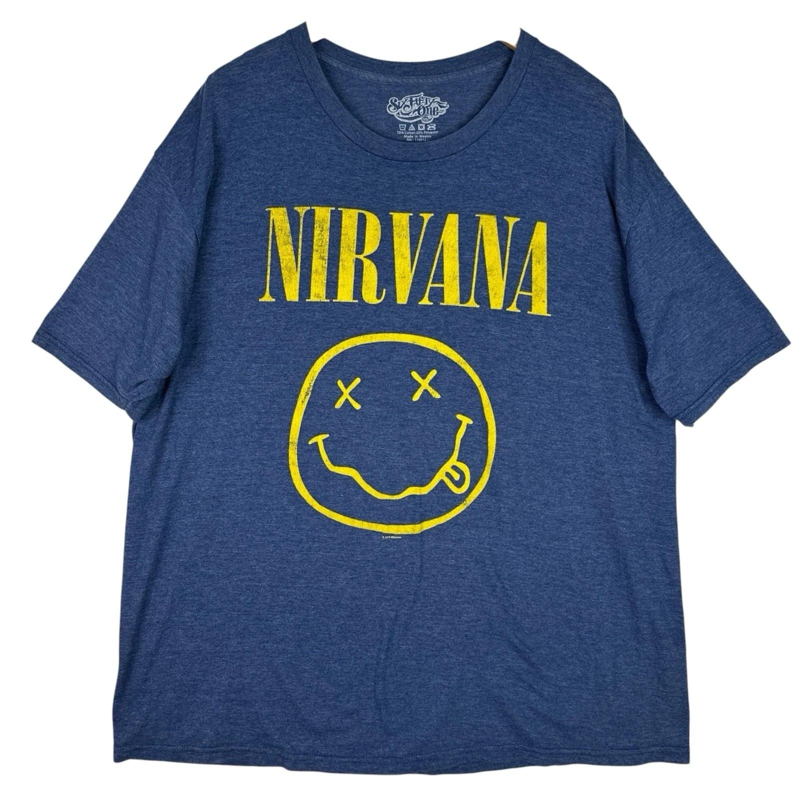 Nirvana Smiley Face T Shirt Men’s XL Blue Yellow Graphic Band Tee 2014 Grunge L