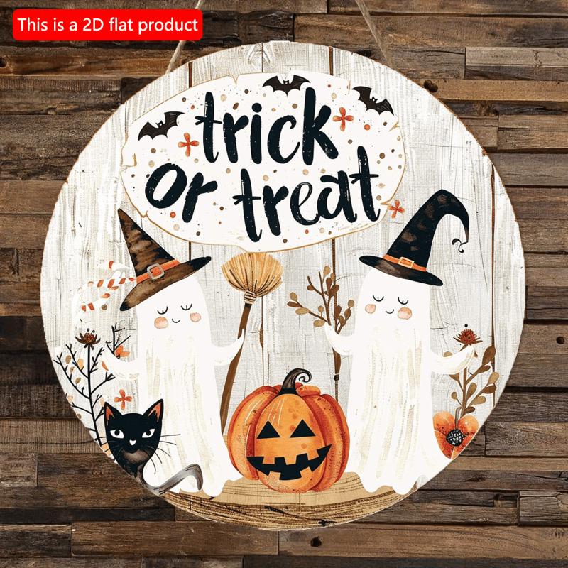 2d Flat 20*20cm, Halloween Home Decoration, Halloween Pumpkin, Black Cat and Ghost, "trick or Treat" Wooden Circular Logo, for Home, Garden, Kitchen