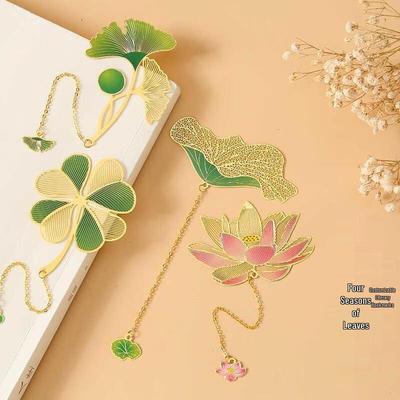 Classical Chinese Hollow Bookmark with Lotus Leaf Pendant