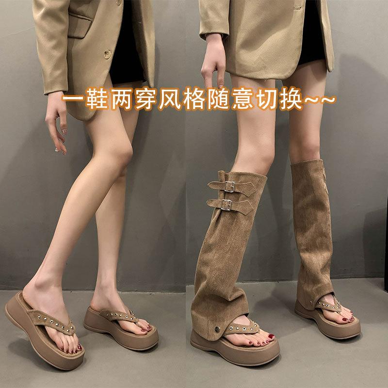 Retro two-wear toe stacking boots women's 2025 summer new thick-soled herringbone high tube Roman sandals trouser tube boots tide