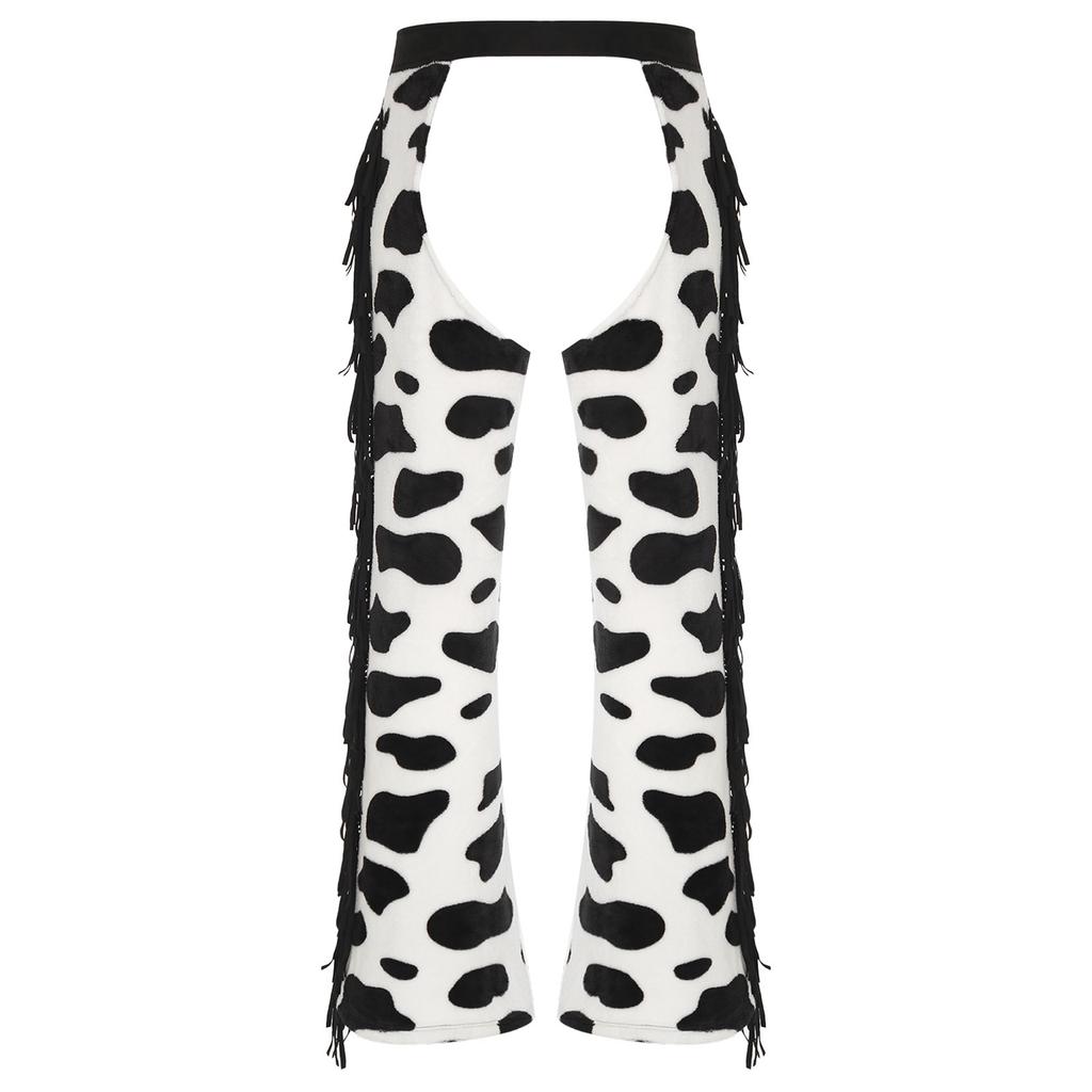 Men's Cow Print Flannel Chaps - Adjustable Waist Open Crotch Biking Pants with Side Tassels for Cowboy/Halloween (S-4XL)