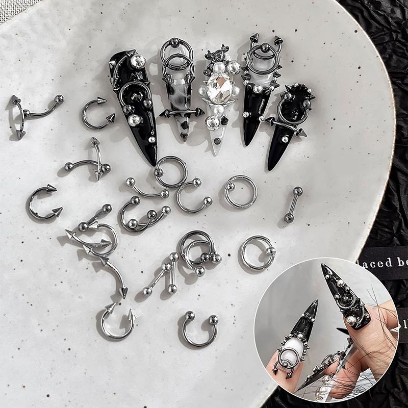 10 PCS Mixed Alloy Retro Circle Nails Art Charms 3D Punk Style Black Silver Nail Parts Nail Decoration Manicure Accessoires
