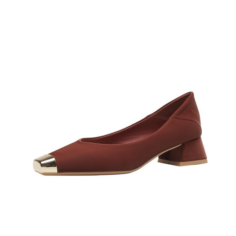 Single Shoes Women's Soft Leather Thick Heel New Iron Head Square Head Middle Heel Soft Sole Not Tired Feet Autumn