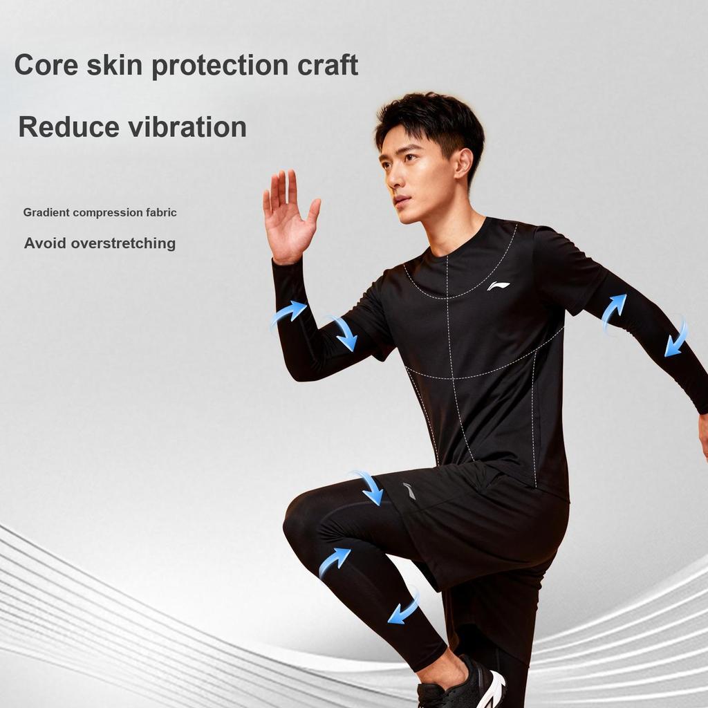 Li Ning Compression Long Sleeve Top And Long Pants Fitness Set Men activewear Black YZMB-YUDW016