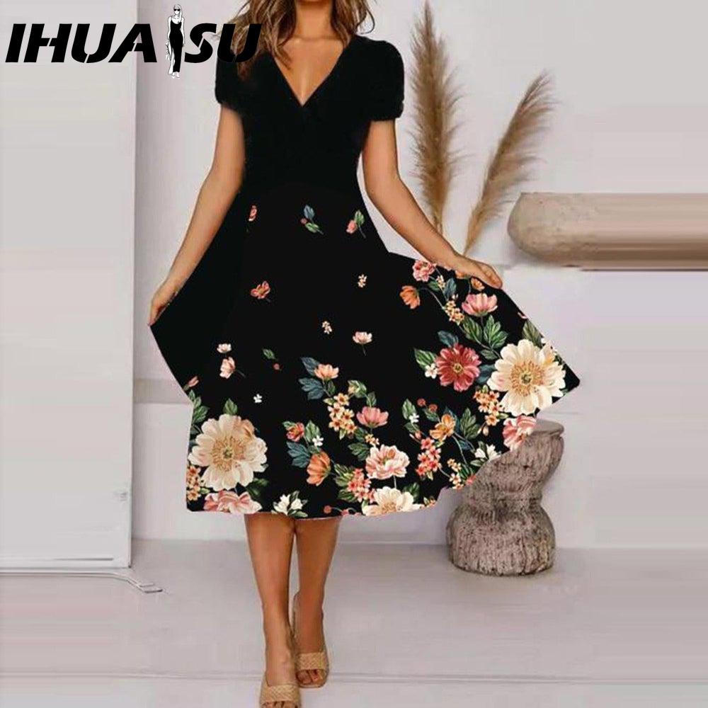 IHUASU Vestido midi de talla grande con escote en V, manga corta, dobladillo alto, informal, estampado floral colorido