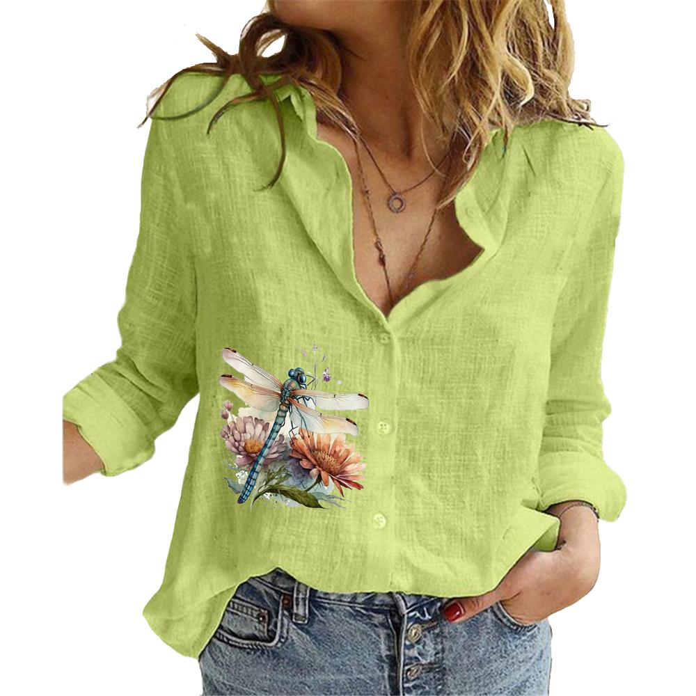 Women Fashion Cotton Linen Shirt Summer&fall Long Sleeve Top Ladies Printed Blouses