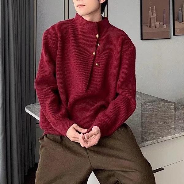 

Irregular Button Design Sense Turtleneck Sweater Men s Korean Trendy Brand Ruffian Handsome Lazy Oversize Knitted Sweater Top M красный