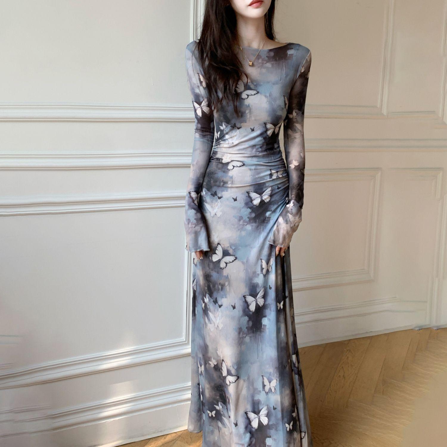

Autumn new cold imperial sister mesh long-sleeved printing waist slim flared sleeve ink style dress S