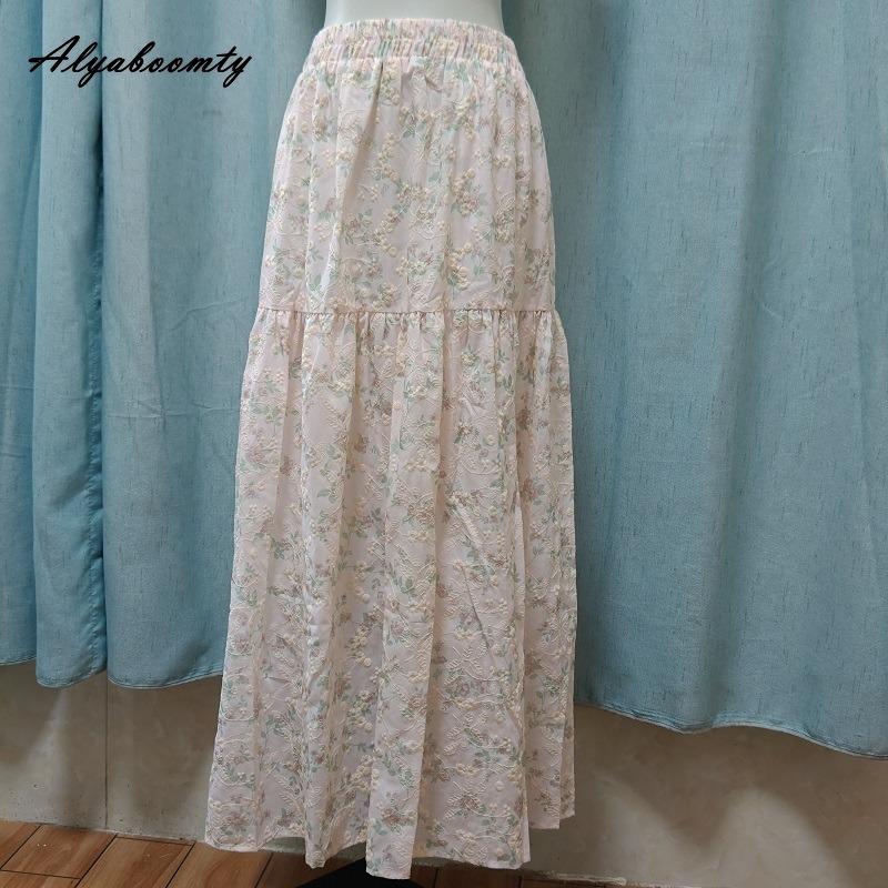 Japanese Mori Girl Spring Summer Women Pink Skirt Elastic Waist Floral Embroidery Sweet Skirt Vintage Delicate Cotton Skirts Womens