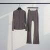 Womens Stand Collar Jacket Flared Pants Set Casual Sporty All-Match Yoga Outfit