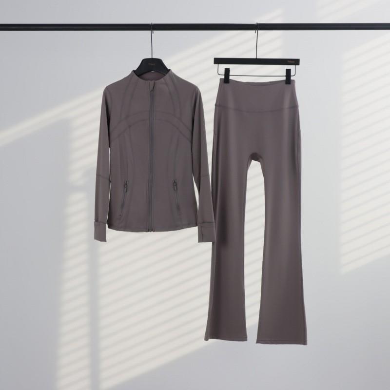 Womens Stand Collar Jacket Flared Pants Set Casual Sporty All-Match Yoga Outfit