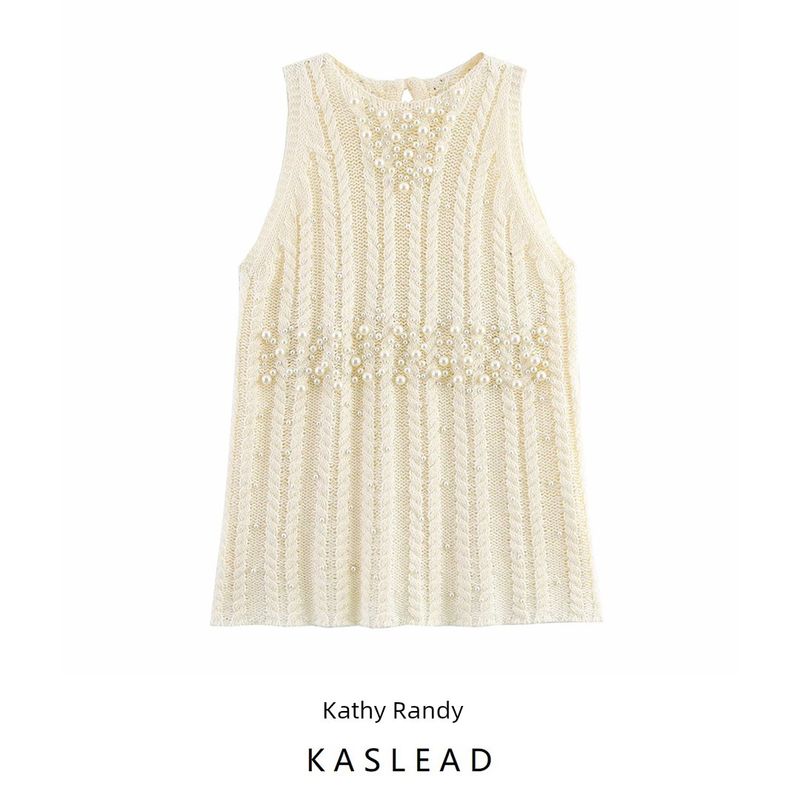 Kaslead New Women Clothes Western Style Artificial Pearl Inlaid Round Neck Loose Knit Top 2142194