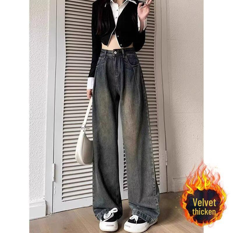 

Джинсы цементно-серого цвета широкие от бедра с высокой посадкой: Женский ретро свободный крой, размеры от маленького до плюс для весны и осени 2024 M