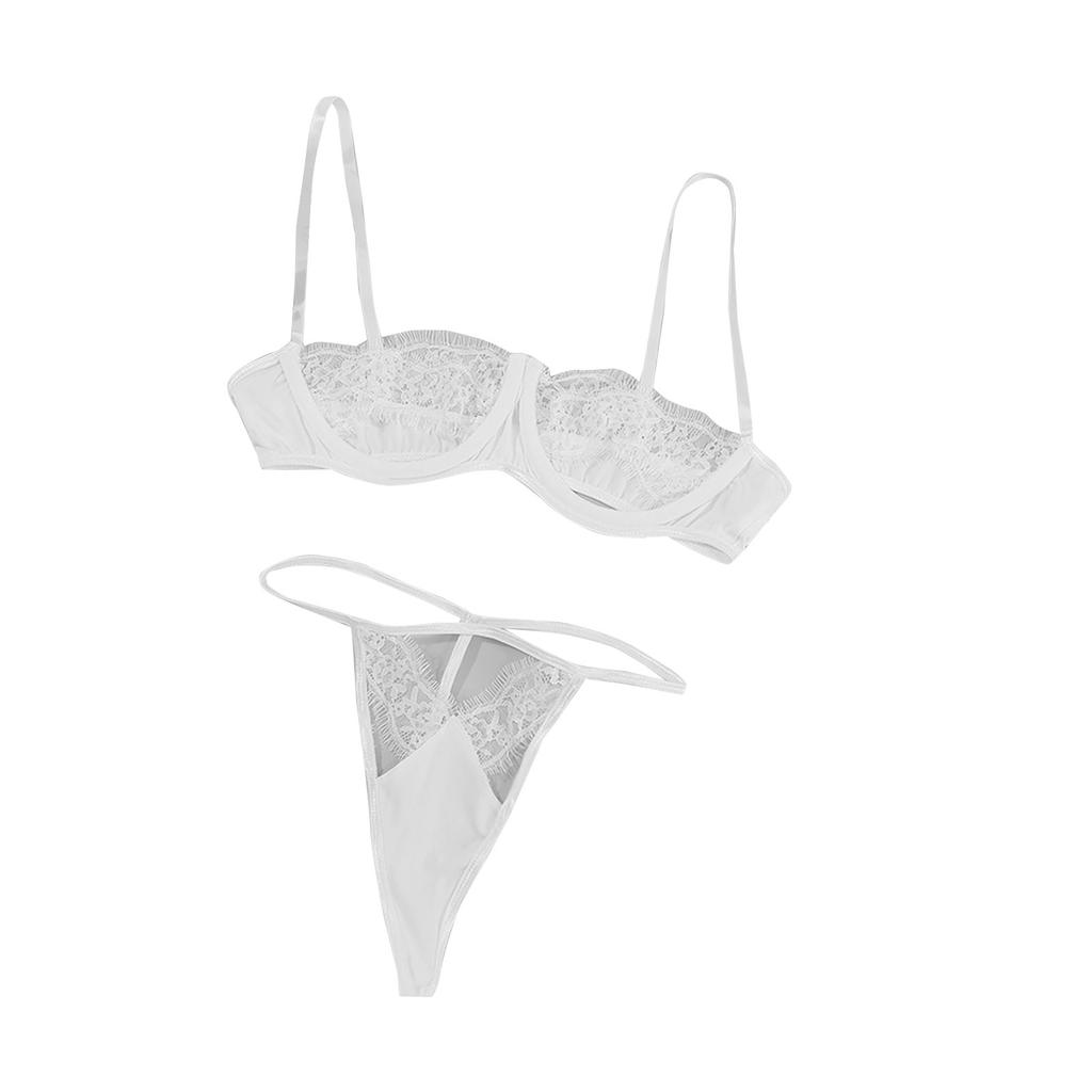 Women's See-Through Lace Stitching Sling Bra Split Sexy Underwear Set S-L