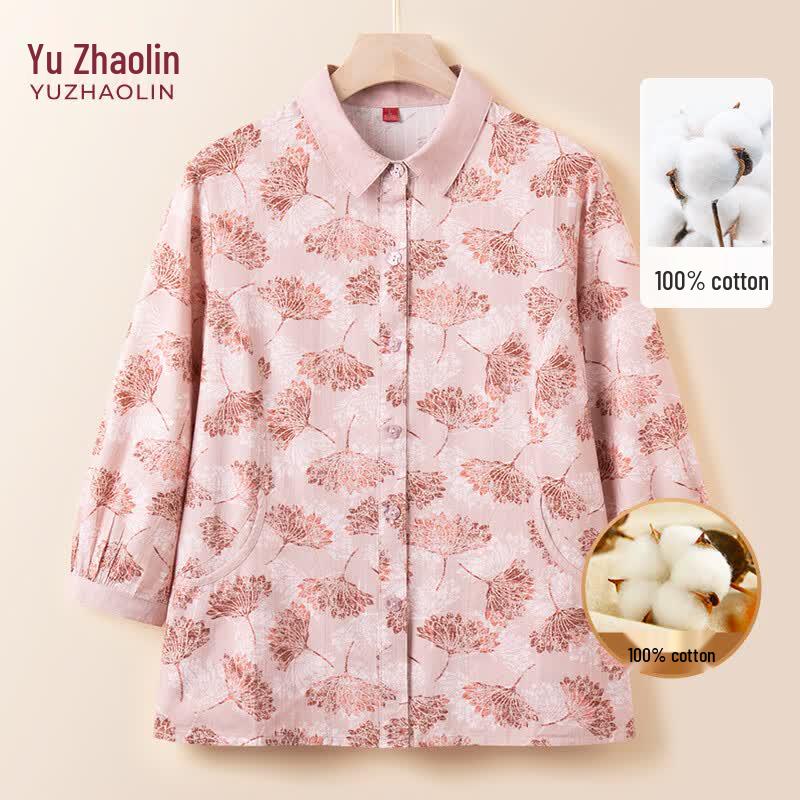 Yuzhaolin Women's 100% Cotton 3/4 Sleeve Floral Cardigan Shirt