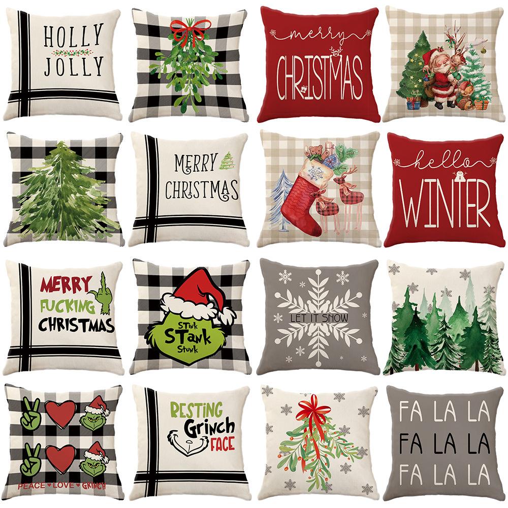 

New Christmas Cartoon Series Grinch Linen Pillowcase Home Christmas Decoration Pillow 45Cm single-sided printed pillowcase