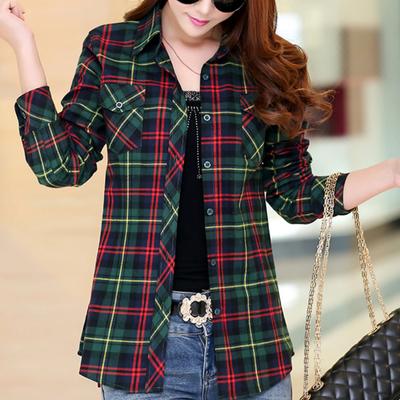 Asian Size Spring Autumn Checkered Shirt Women's Cotton Long Sleeve Top Ladies Plaid Shirts Fashion Lapel Slim Tops