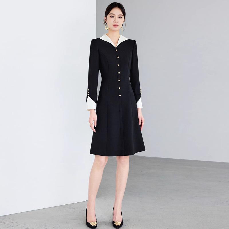 

Elegant Mid-Length Black & White Color Block Spring/Autumn Dress L