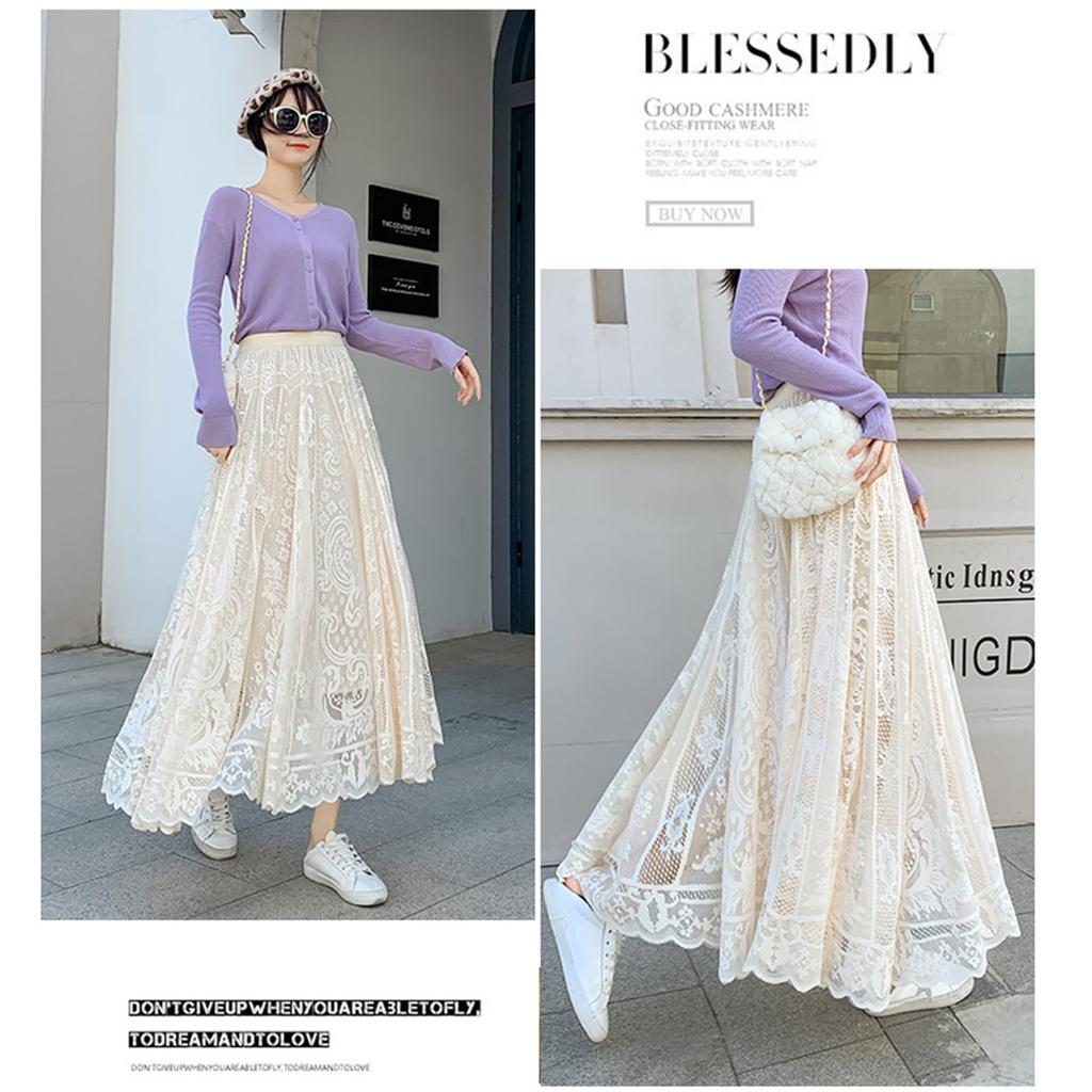 Lace Flared Long Solid Maxi Fall [MSFQSNB] Women's Skirt, Skirt, Skirt, A-Line, Elegant, Color, Slimming, Figure-Flattening, Length, Stylish, Simple,