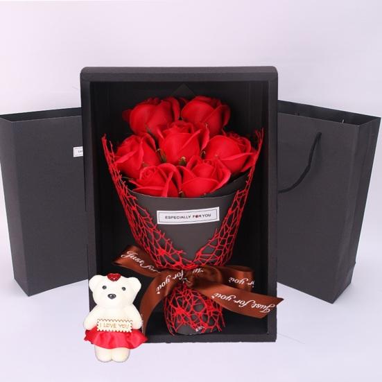 Valentine's Day Flower Bouquet with Bear And Gift Box 7 Scented Soap Flowers Artificial Rose Carnation Bouquet for