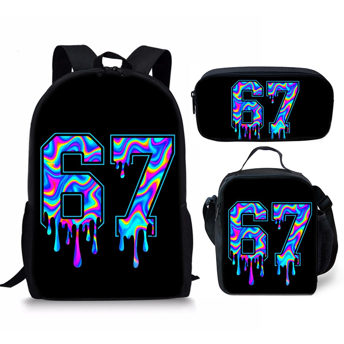 Hip Hop Populaire Drôle 67 six sept Impression 3D Set de 3 pièces Sacs d'école pour élèves Sac à dos pour ordinateur portable Sac à dos Sac bandoulière Sac à lunch Trousse à crayons