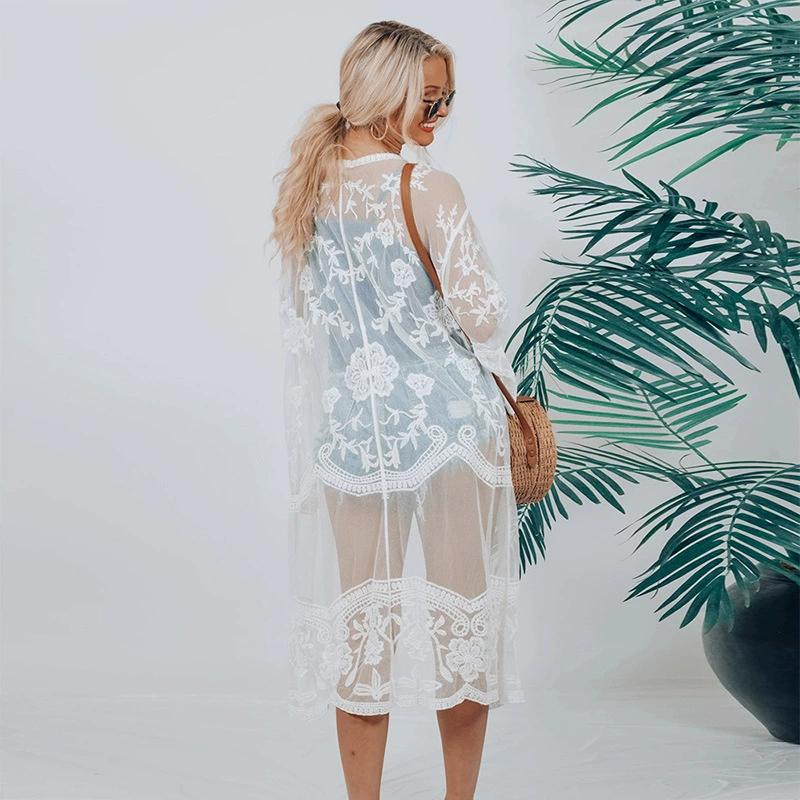 

Women Beachwear Cardigan Solid Color 3/4 Sleeve See-Through Embroidery Flower Beach Dress for Women Summer Holiday Cover-Up One Size белый