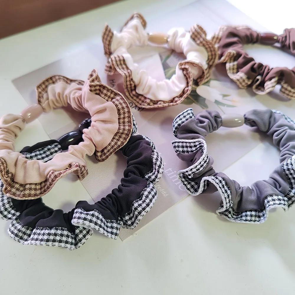 5PC European and American Plaid Khaki Style Black Elasticity Hair Ties for Women Girls Ponytail Holder Korean Hair Accessories