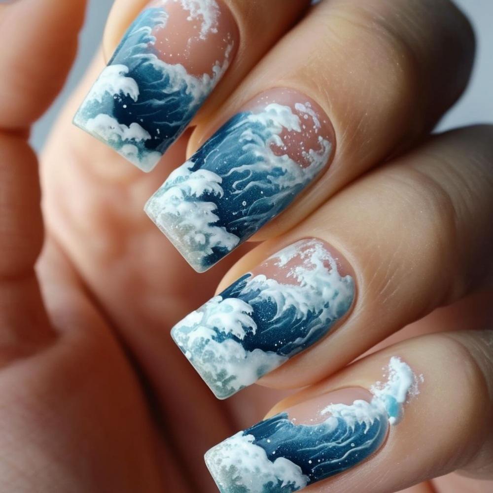 24pcs Blue White Porcelain Design False Nails with Glue Short Square Fake Nails Full Cover Simple Press on Nail Chinese Style