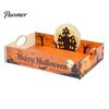 Pumpkin Table Decor Halloween Witch Decorative Wood Serving Tray with Handle, Ghost Castle Trick or Treat Dessert for Party Accessories Wooden Platter