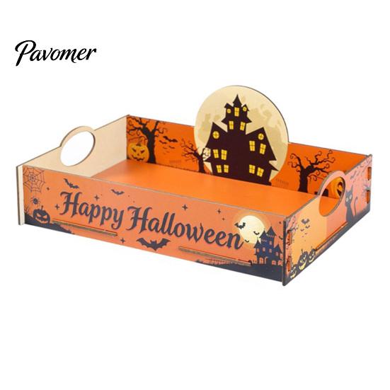 Pumpkin Table Decor Halloween Witch Decorative Wood Serving Tray with Handle, Ghost Castle Trick or Treat Dessert for Party Accessories Wooden Platter