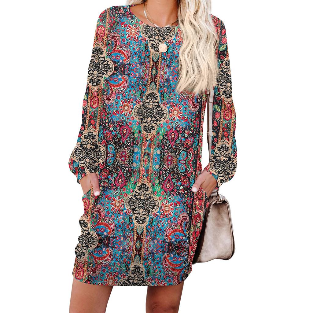 Women's Retro Printed Fashionable Long-sleeved Round-neck Pocket Dress