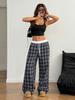 Retro Karo Bodenlange Weitbeinige Hose: Elastischer Bund, Vielseitig, Bequem, Gerades Bein, Lässiger Stil