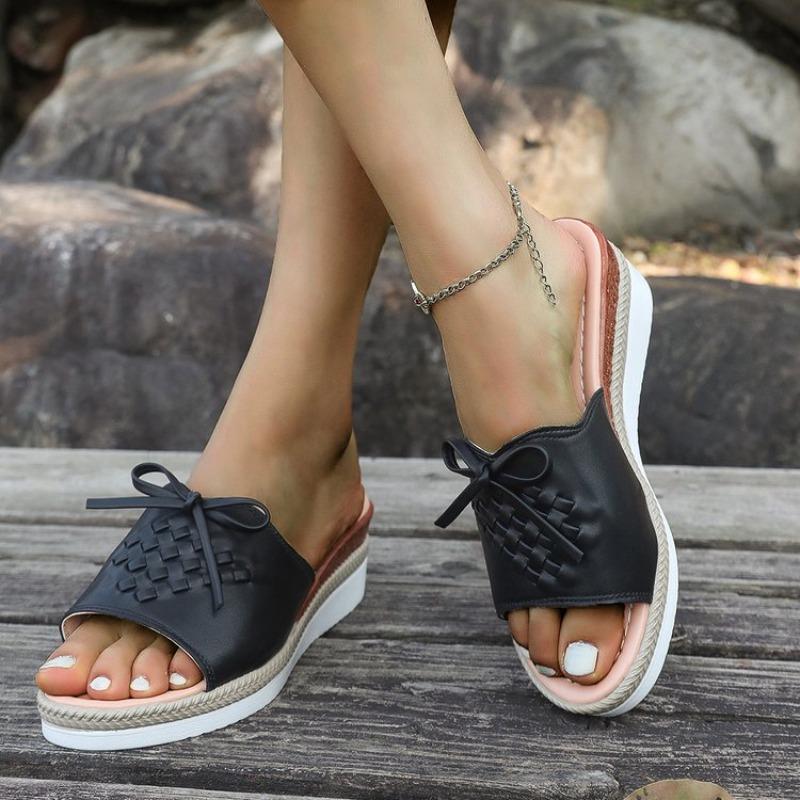Fashion Pu Leather Women's Wedge Sandals Summer 2025 Bowknot Open Toe Plus Size Rome Sandals Woman Comfortable Lightweight Beach Sandles