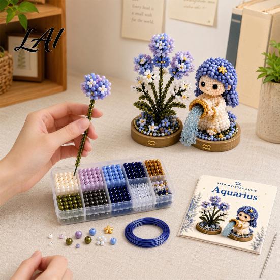 Handmade Zodiac Flower 12 Signs Bead Craft Kit DIY Beaded Garden 3D Astrology Kit with Pre-Sorted Beads Tools Project for Beginners Adults Teens