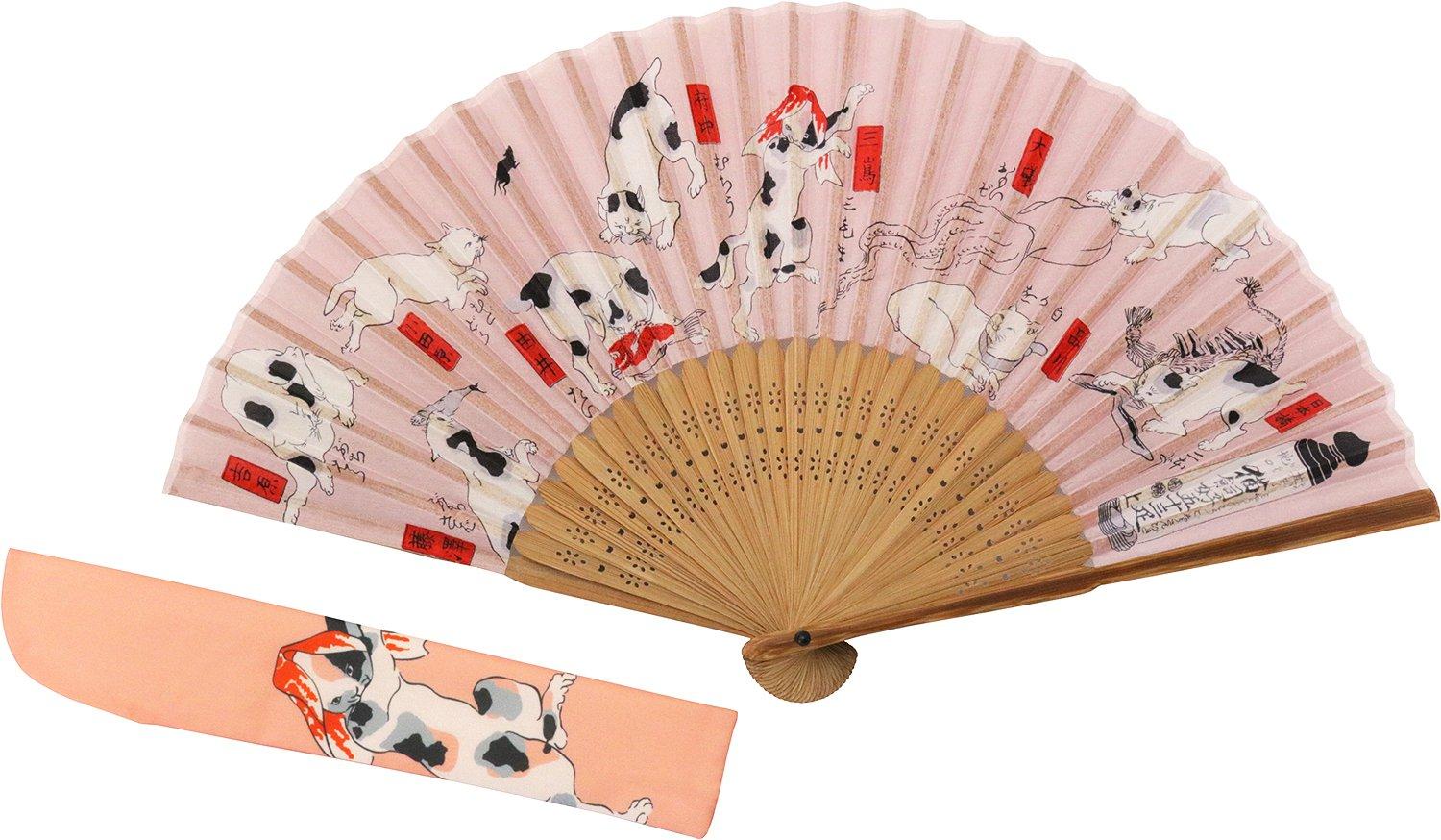 

Kyoyu Folding Fan Case and Bag Japanese Pink Set, Style, Yukata, Silk, Ukiyo-e, Kuniyoshi, The Cat-Keeping Fifty-Three Cats,