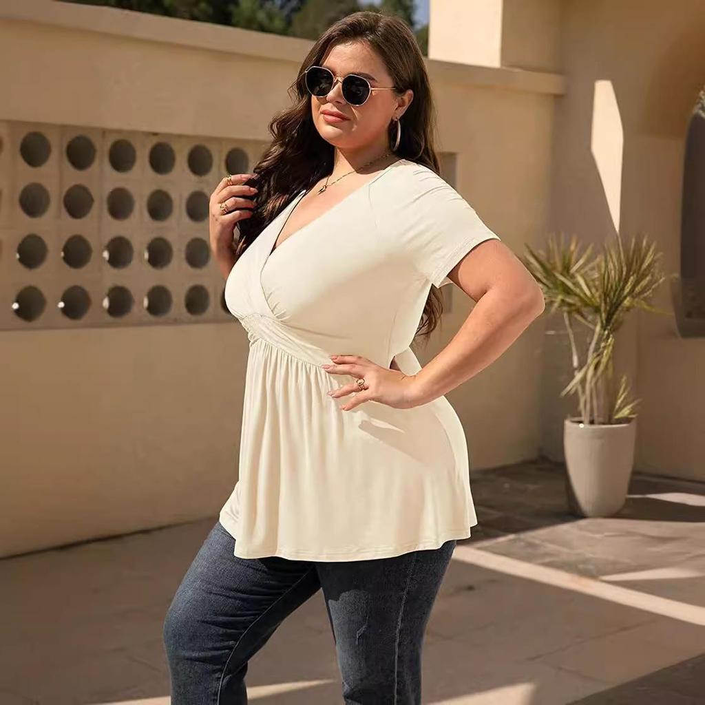 Letní dámské tričko Plus Size Tričko s výstřihem do V a krátkým rukávem