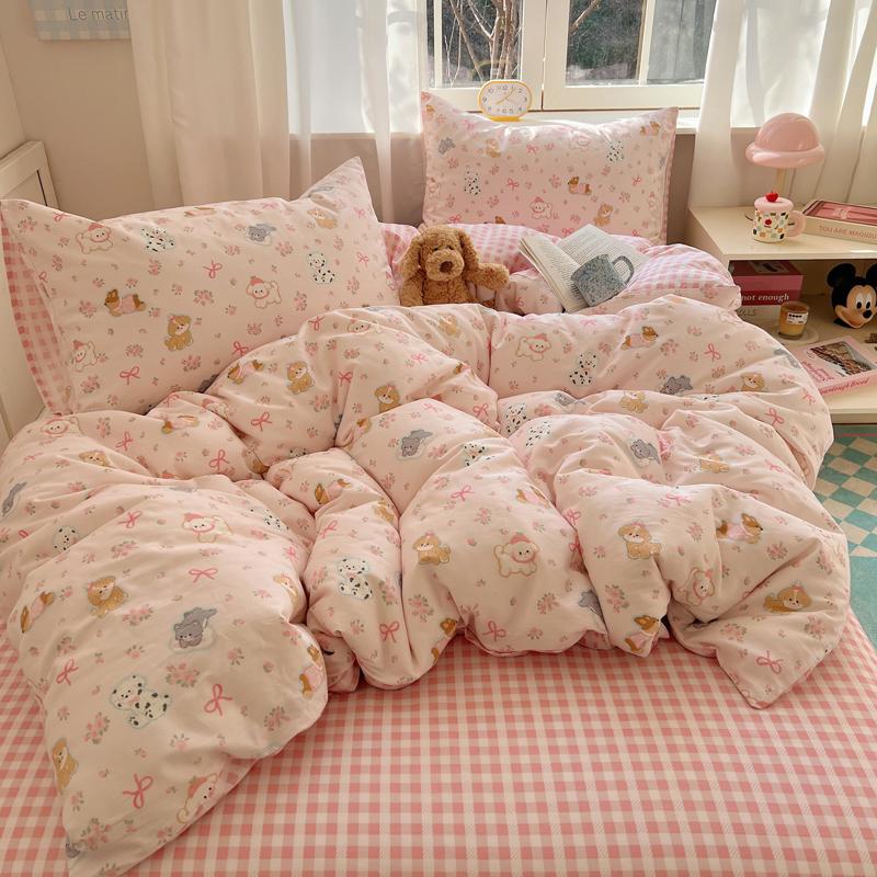 Sleeping Grid INS Age Reducing Cute Cartoon Style 40 Count Cotton Four Piece Set