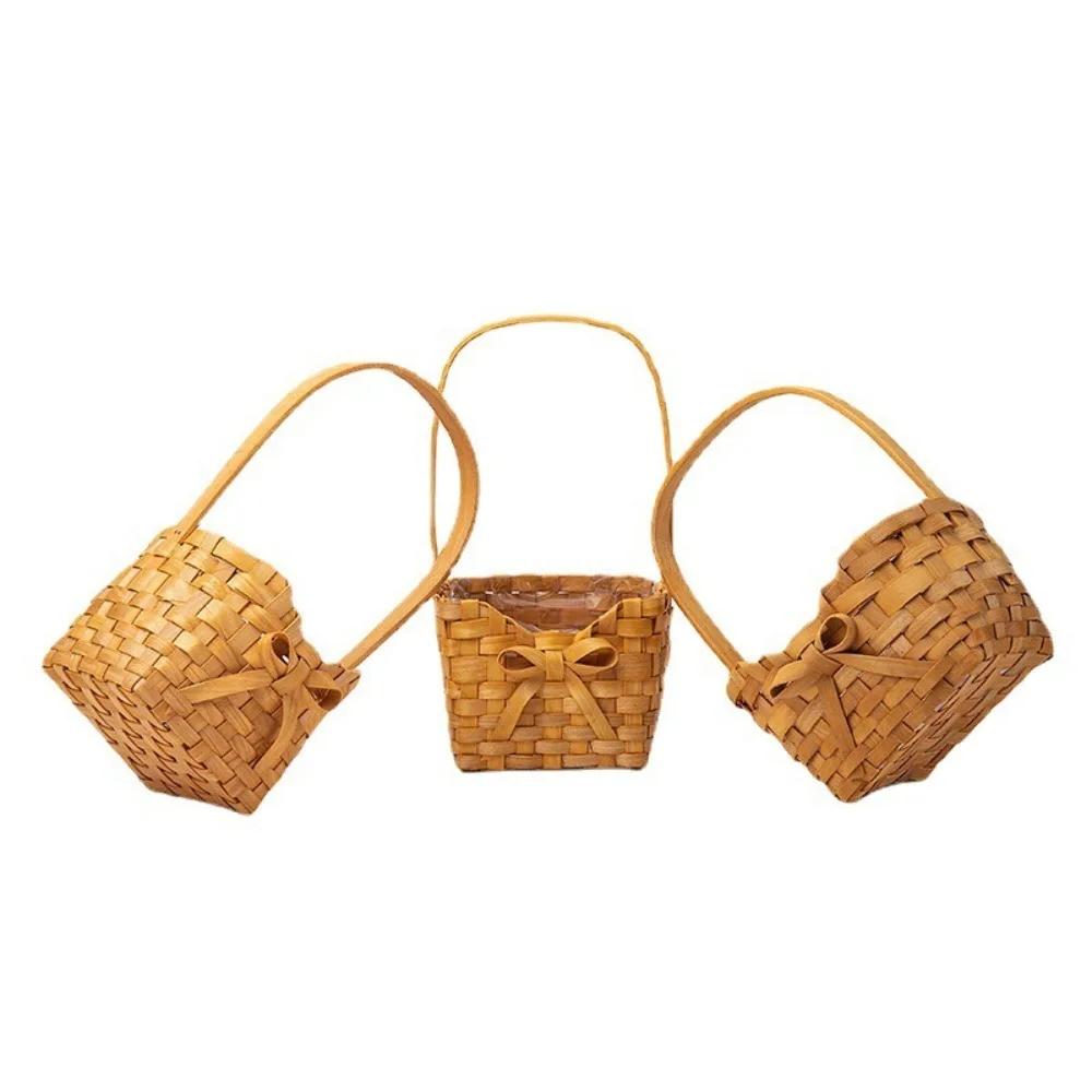 Willow Rattan Bride Flower Basket Picnic Container Hand-Woven Flower Arrangement Basket with Handle Picnic Weaving Basket