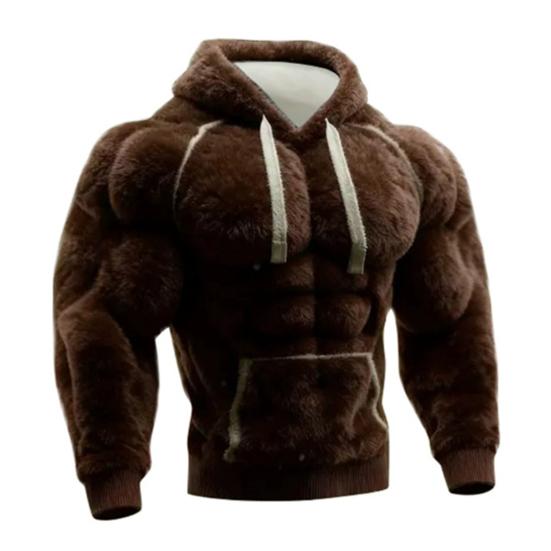 Yousheng Men Muscle Hoodie 3D Pattern Fuzzy Pullover Muscular Long Sleeve Warm Hooded Sweatshirt for Casual Sports Streetwear Fashion